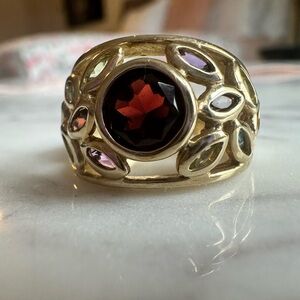 Elegant 10k Gold Garnet and Multicolor Gemstone Ring